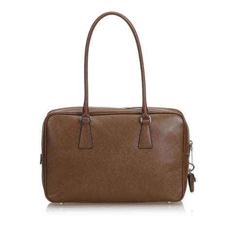 PRADA Brown Saffiano Leather Bauletto Shoulder Bag with Padlock & Key