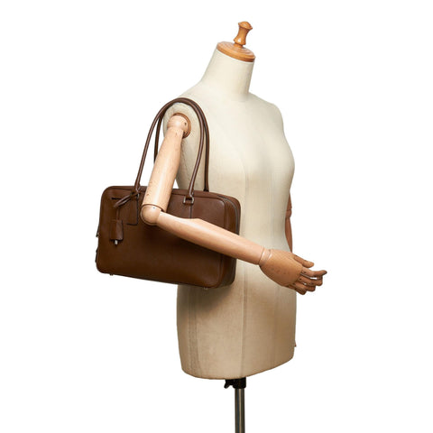 PRADA Brown Saffiano Leather Bauletto Shoulder Bag with Padlock & Key