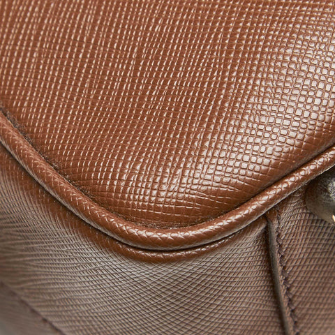 PRADA Brown Saffiano Leather Bauletto Shoulder Bag with Padlock & Key