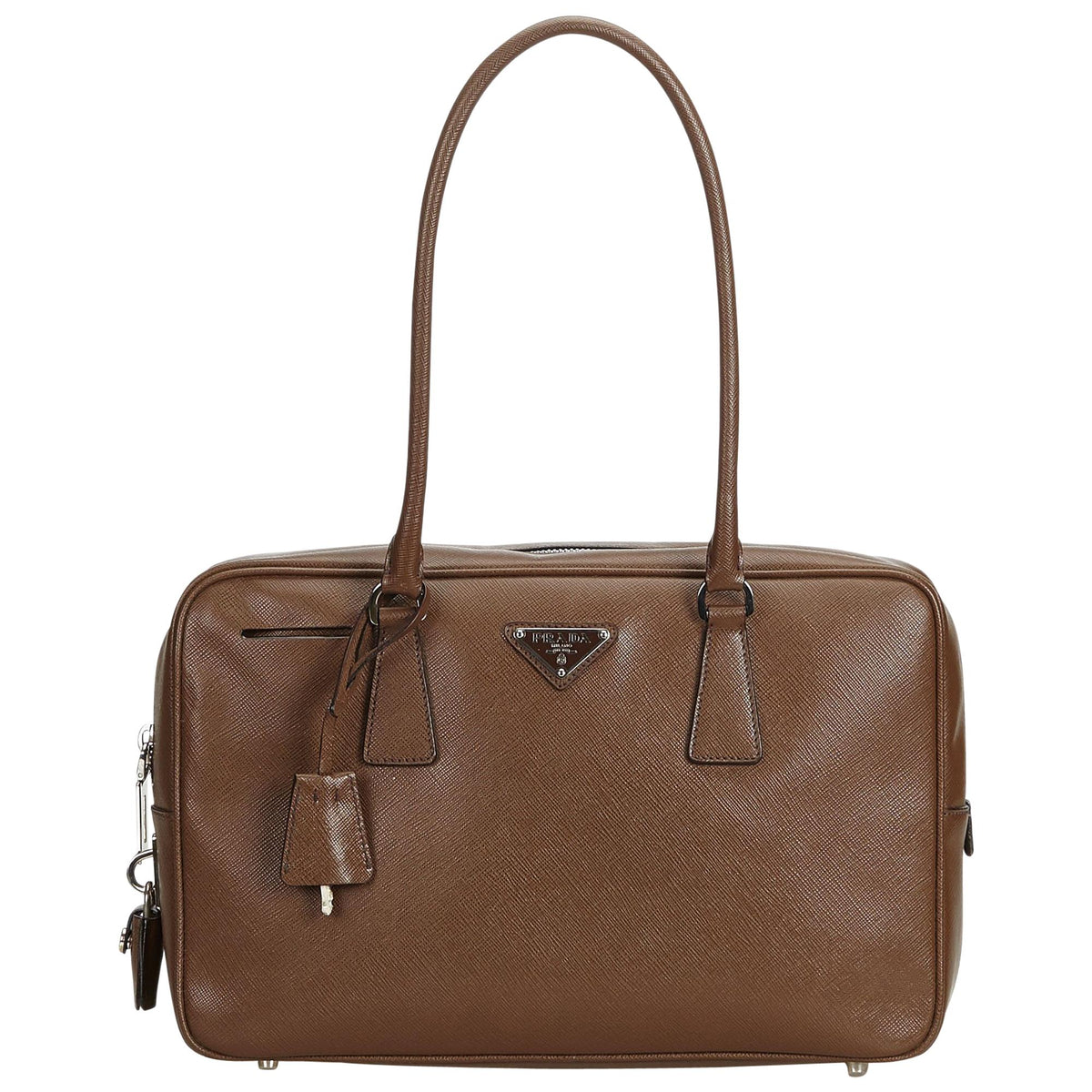 PRADA Brown Saffiano Leather Bauletto Shoulder Bag with Padlock & Key