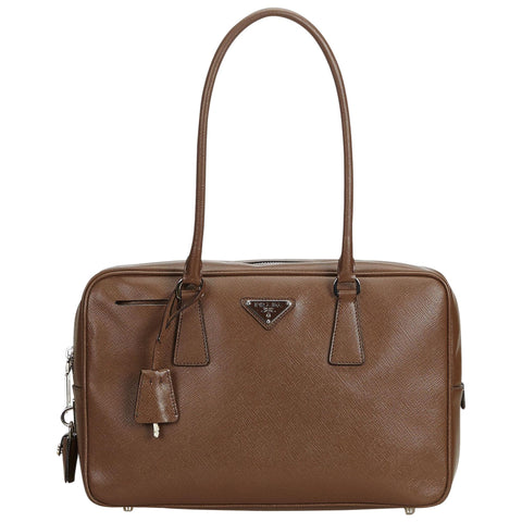 PRADA Brown Saffiano Leather Bauletto Shoulder Bag with Padlock & Key