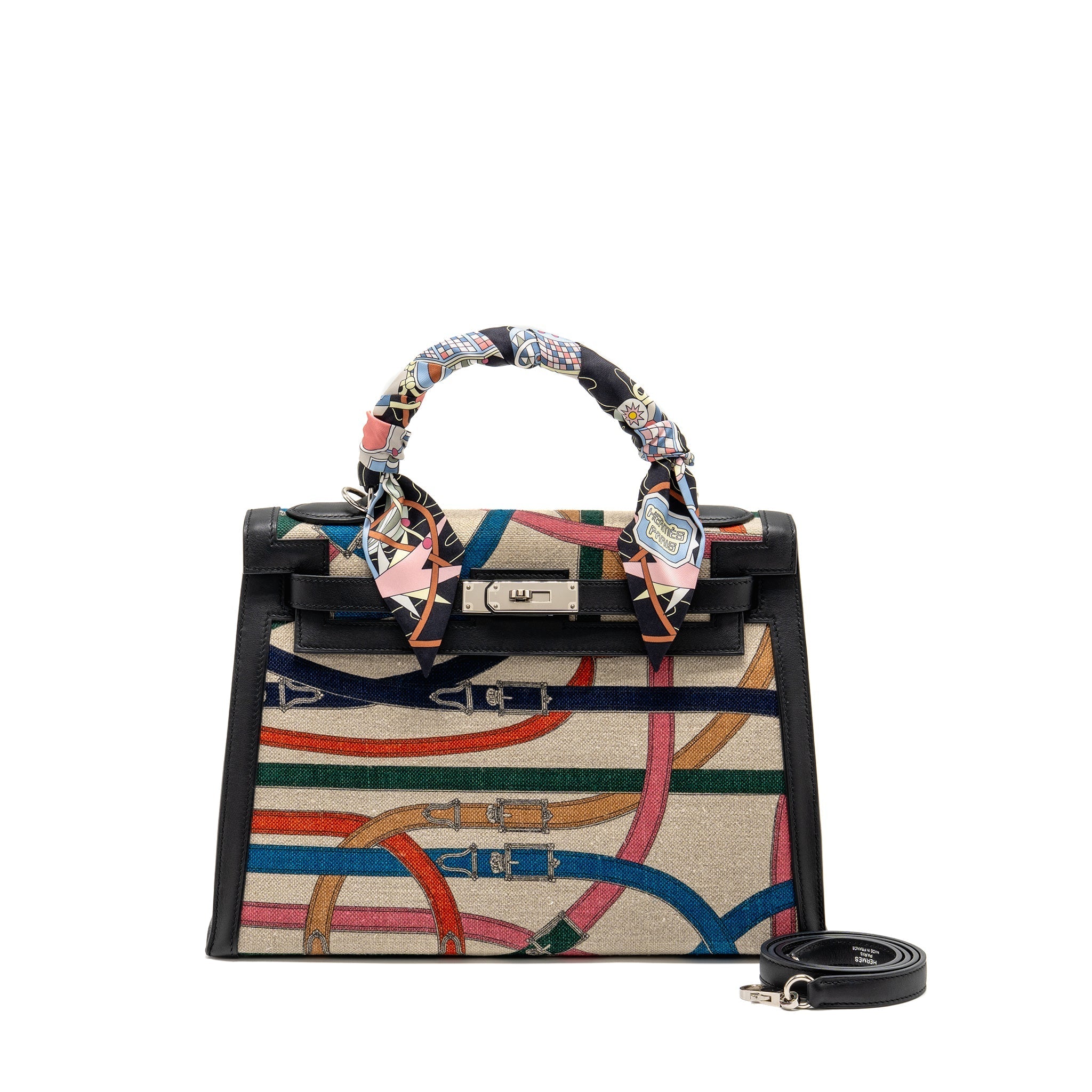 HERMES KELLY 32 LIMITED EDITION TOILE DE WASHED CANVAS / SWIFT LEATHER BLACK / CAVALCADOUR PRINT SHW Main image