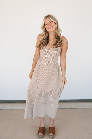 Countryside Stripe Basque Waist Dress - Mocha