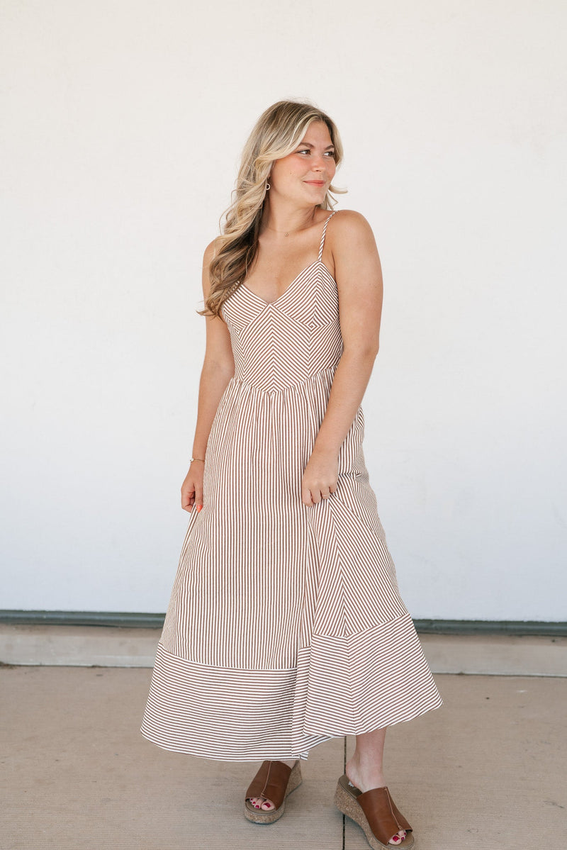 Countryside Stripe Basque Waist Dress - Mocha