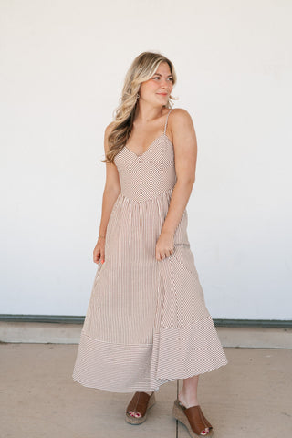 Countryside Stripe Basque Waist Dress - Mocha