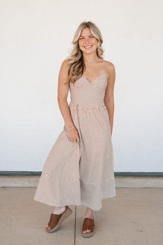 Countryside Stripe Basque Waist Dress - Mocha