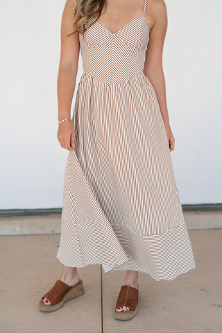 Countryside Stripe Basque Waist Dress - Mocha