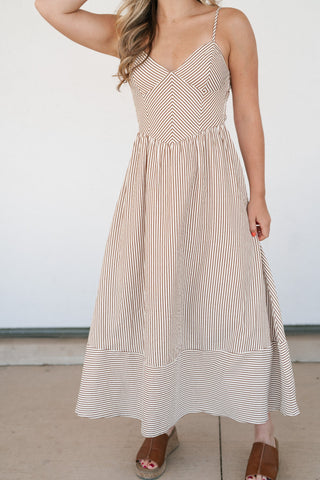 Countryside Stripe Basque Waist Dress - Mocha