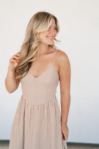 Countryside Stripe Basque Waist Dress - Mocha