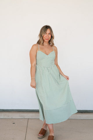 Countryside Stripe Basque Waist Dress - Olive