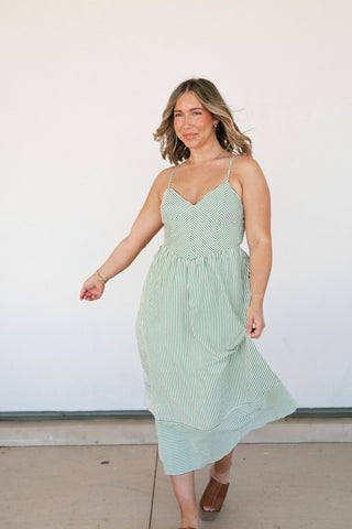 Countryside Stripe Basque Waist Dress - Olive