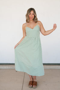 Countryside Stripe Basque Waist Dress - Olive