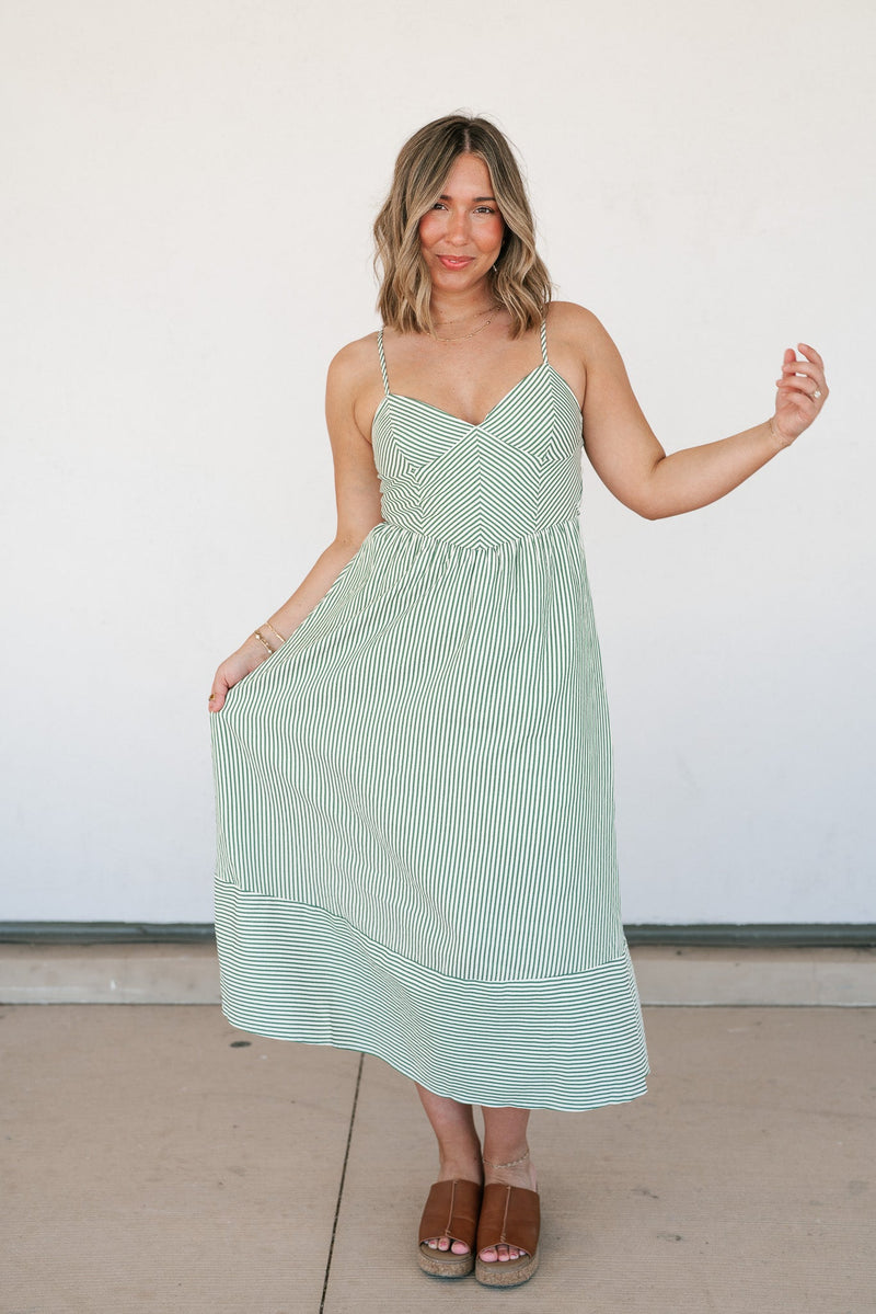Countryside Stripe Basque Waist Dress - Olive
