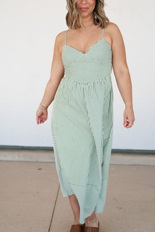 Countryside Stripe Basque Waist Dress - Olive