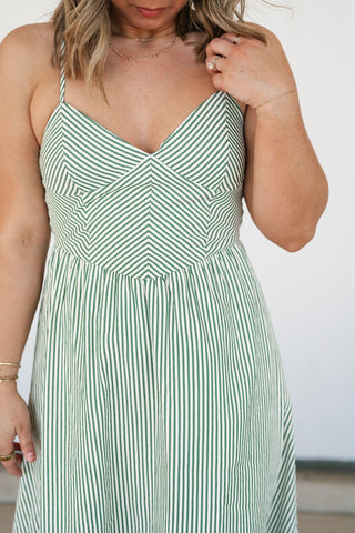Countryside Stripe Basque Waist Dress - Olive