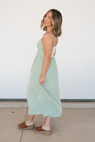 Countryside Stripe Basque Waist Dress - Olive