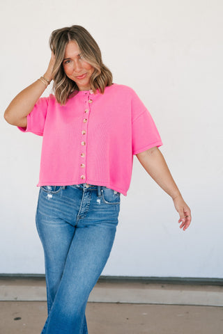 Sweet Pink Button Up Knit Cardigan - Bright Pink