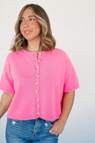 Sweet Pink Button Up Knit Cardigan - Bright Pink