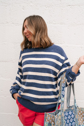 Shore Mist Striped Knit Sweater - Navy