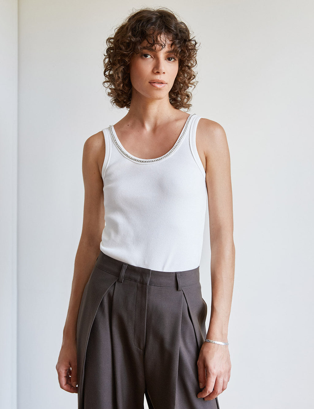 Diamond Neckline White Tank
