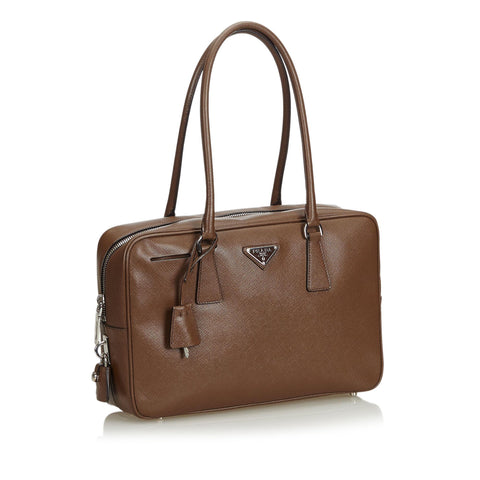 PRADA Brown Saffiano Leather Bauletto Shoulder Bag with Padlock & Key